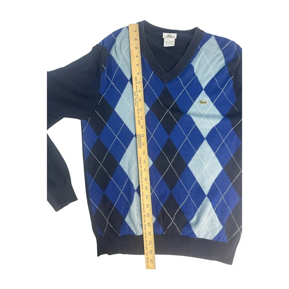 Lacoste Argyle V-Neck Cotton Sweater Sz 4 M Navy Blue Preppy Collegiate